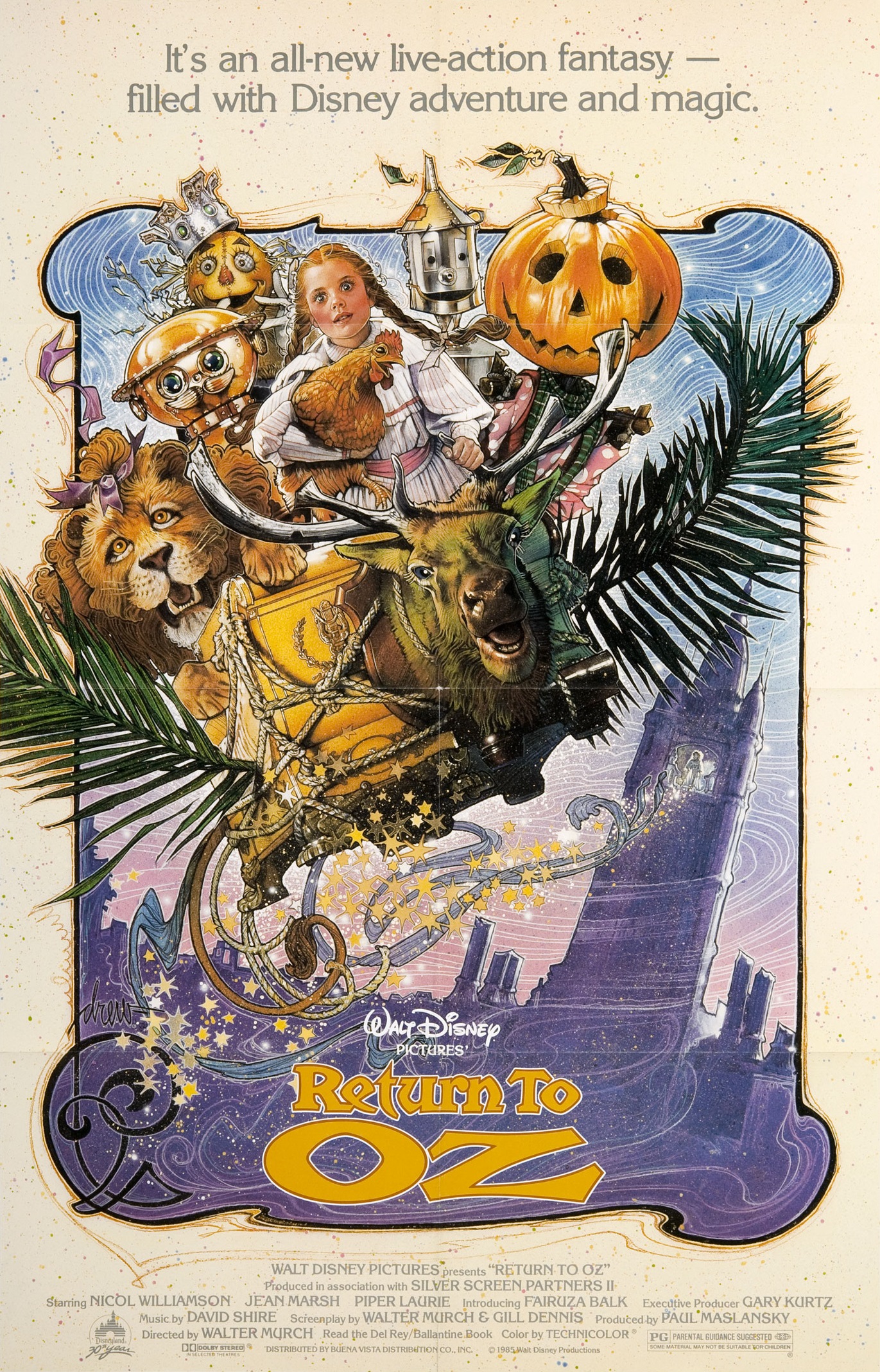 The movie poster for the 1985 children's fantasy film, Return to Oz, featuring the main cast flying above a fantasy castle on the back of the strange creature known as the Gump.