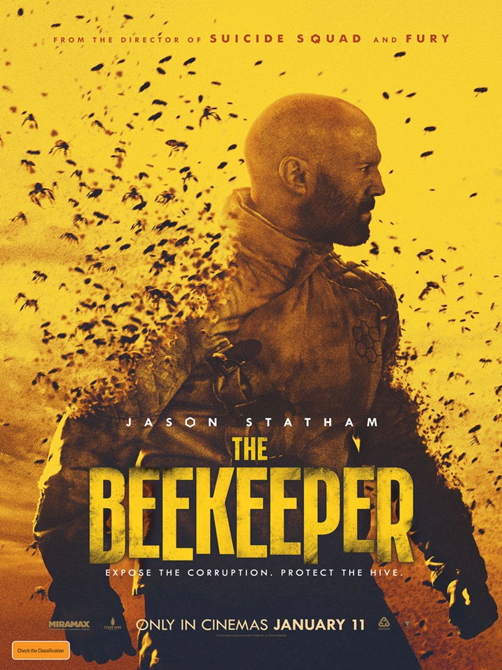 The movie poster for The Beekeeper (2024), featuring actor Jason Statham wearing a bee-keeping suit breaking apart into a swarm of bees.