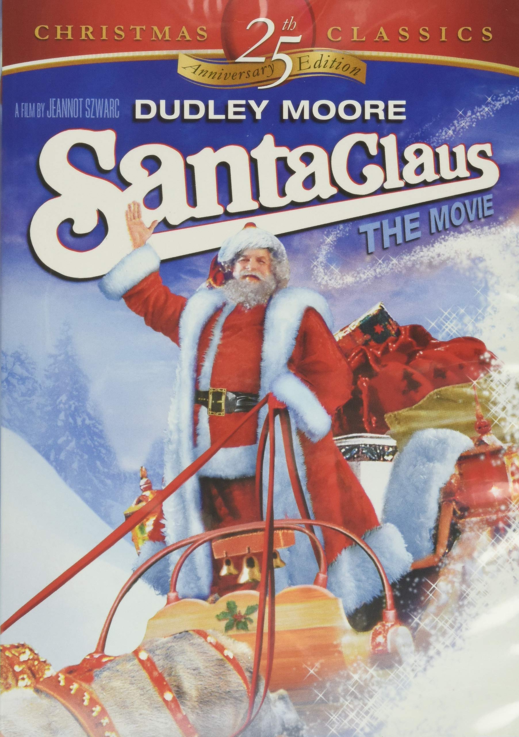 The DVD cover of Santa Claus: The Movie (1985) featuring David Huddleston as Santa driving a sleigh loading with bags of toys.