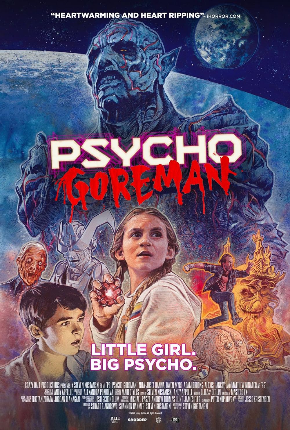 The movie poster for Psycho Goreman (2020) featuring the main cast of humans and monsters posing dramatically, rendered in a realistic, painted style.