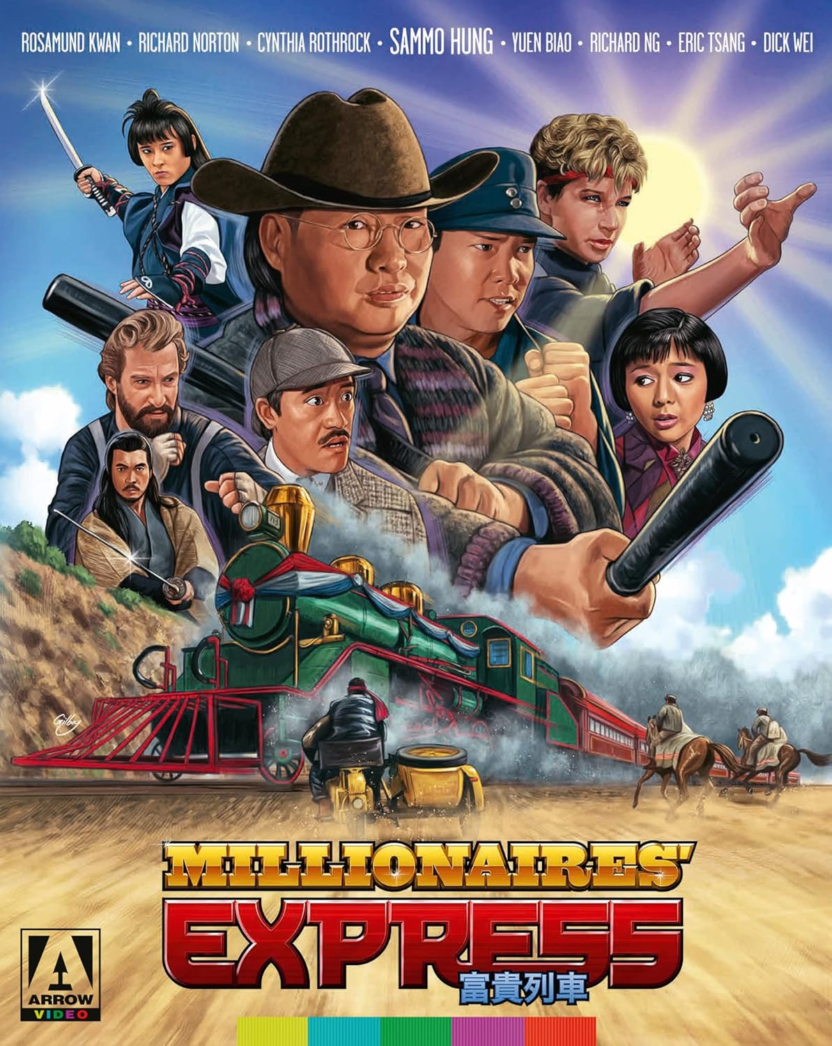 The cover of the Arrow Video Blu-ray release of Millionaires' Express, featuring a painted collage of the film's main characters and the titular train.