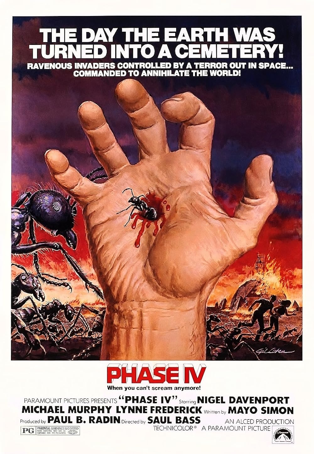 The theatrical poster for Phase IV (1974), featuring post apocalyptic imagery and a black ant emerging from a bloody hole in the palm of a man's right hand.