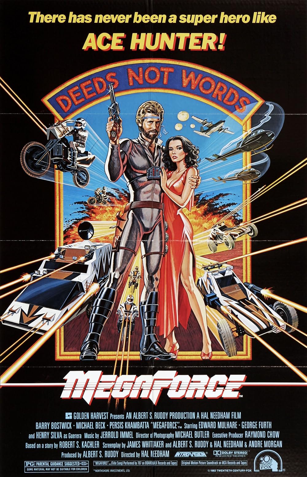 The movie poster for Megaforce (1982), featuring events and characters from the film rendered in a dramatic comic book style.