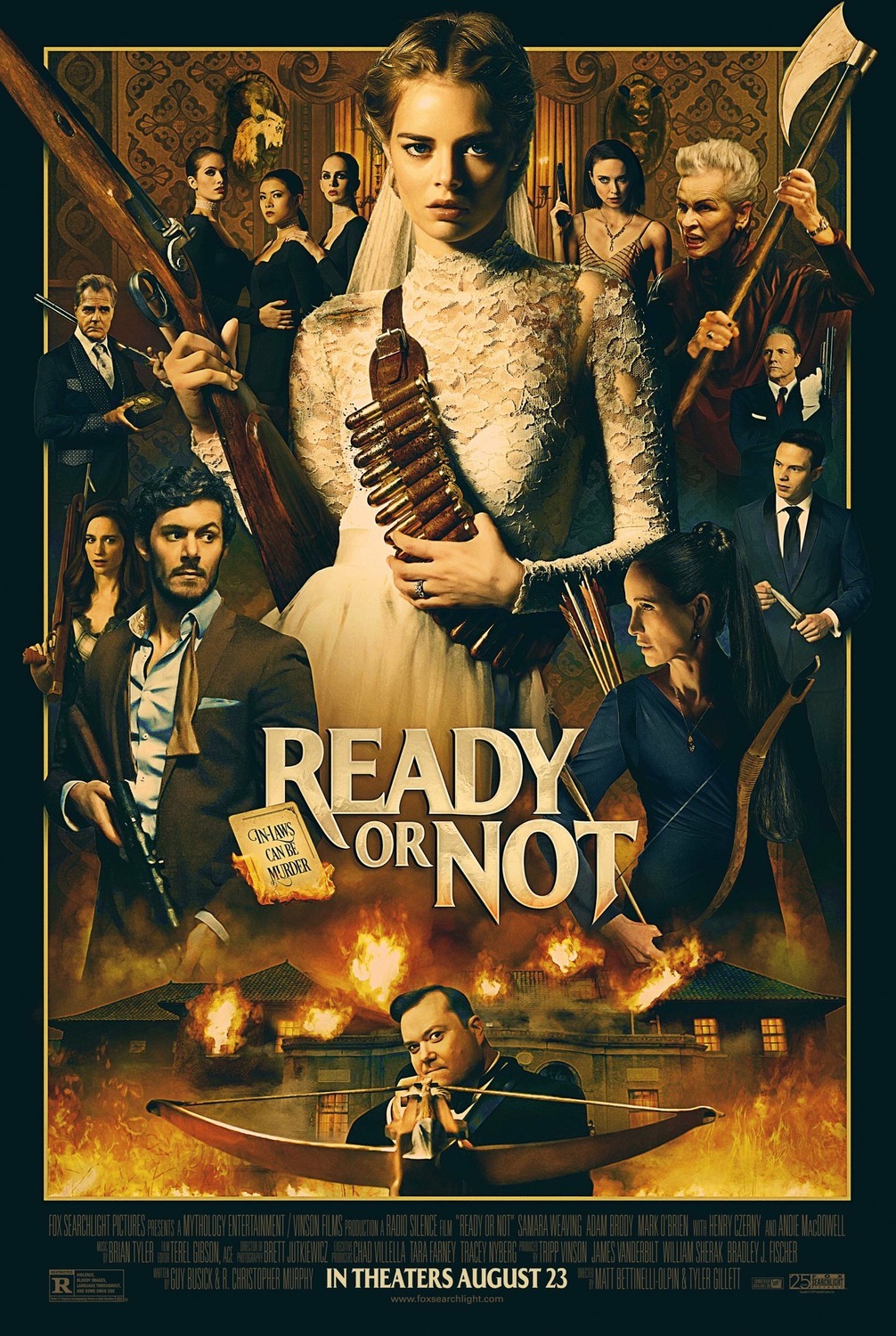 The theatrical poster for Ready or Not (2019) featuring the cast posing dramatically with various antique weapons.