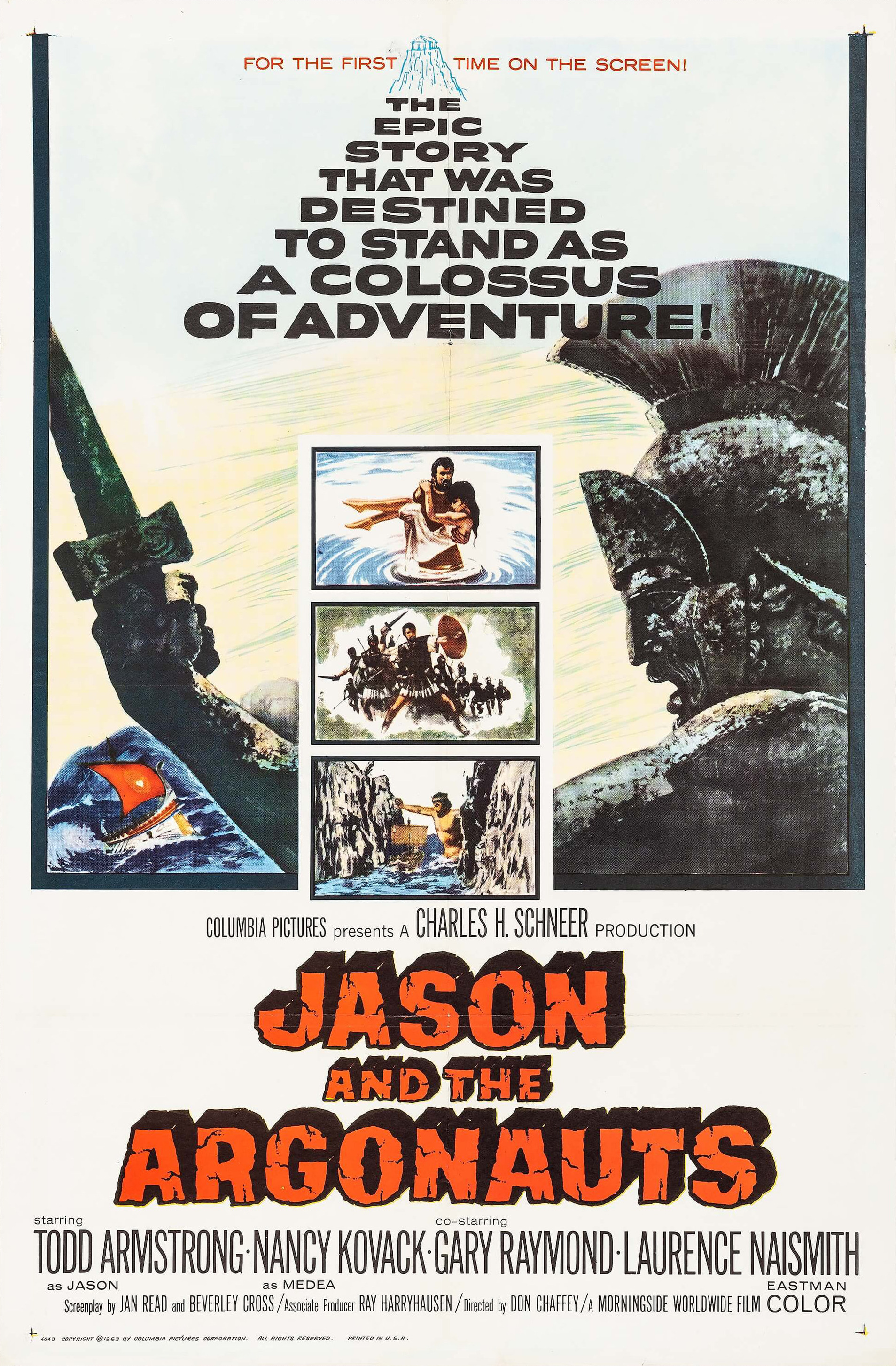 The movie poster for Jason and The Argonauts (1963), depicting dramatic scenes of myth from the film.