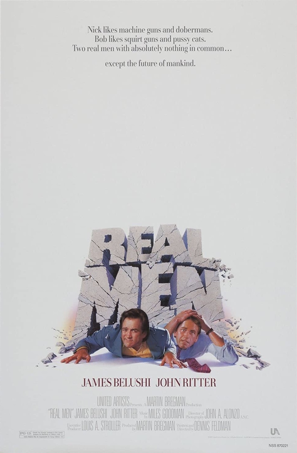 The movie poster for Real Men (1987), featuring badly edited images of Jim Belushi and John Ritter being squashed by the stone letters of the title.