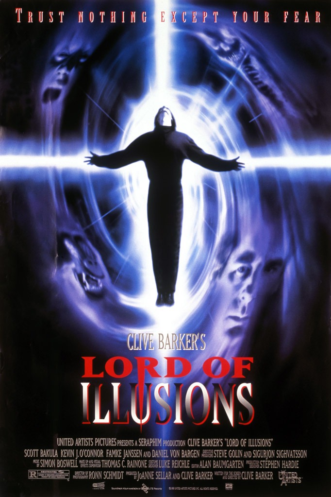 The movie poster for Lord of Illusions (1995), featuring spooky and evocative artwork of the main character, Swann, levitating while surrounded by dark and sinister forces.