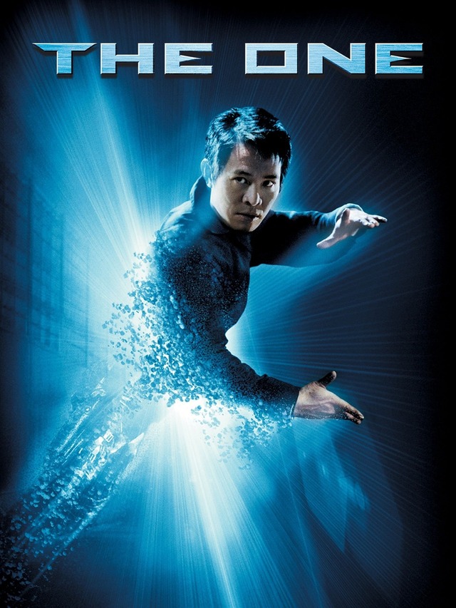 The theatrical movie poster for The One (2001), featuring actor Jet Li passing through a wormhole from a parallel dimension.