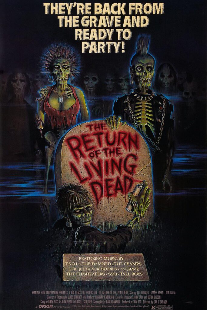 The movie poster for The Return of the Living Dead (1985), featuring punk rock corpses spray-painting the movie's title on a headstone.