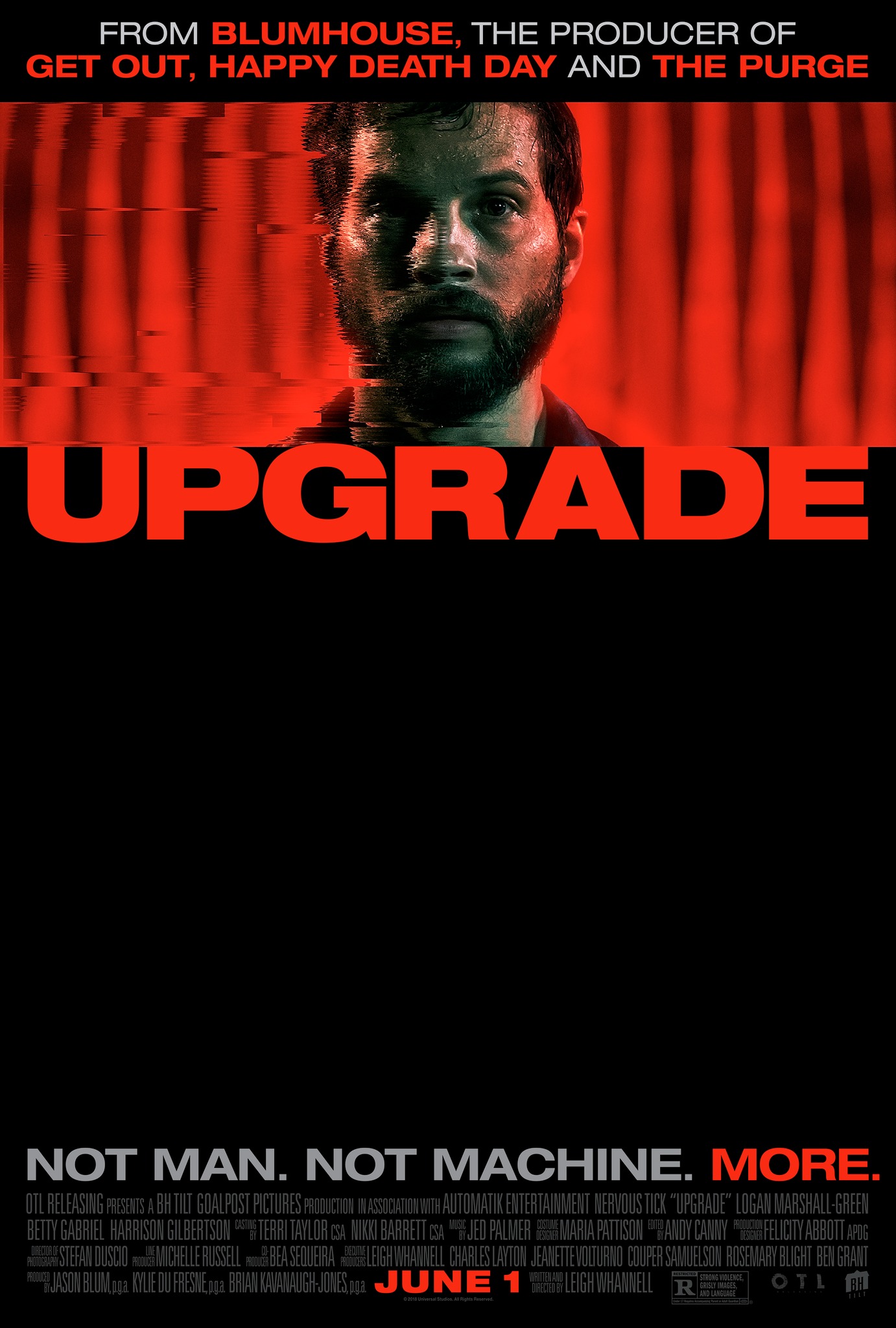 The movie poster for Upgrade (2018) featuring a close-up of lead actor Logan Marshall-Green.