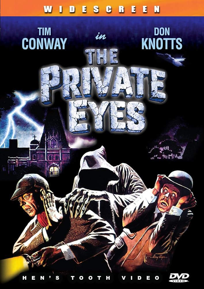 The cover for the U.S. DVD release of The Private Eyes (1980), featuring artwork of Don Knotts and Tim Conway dressed as police inspectors and being menaced by a cloaked figure with a storm and a mansion in the background.