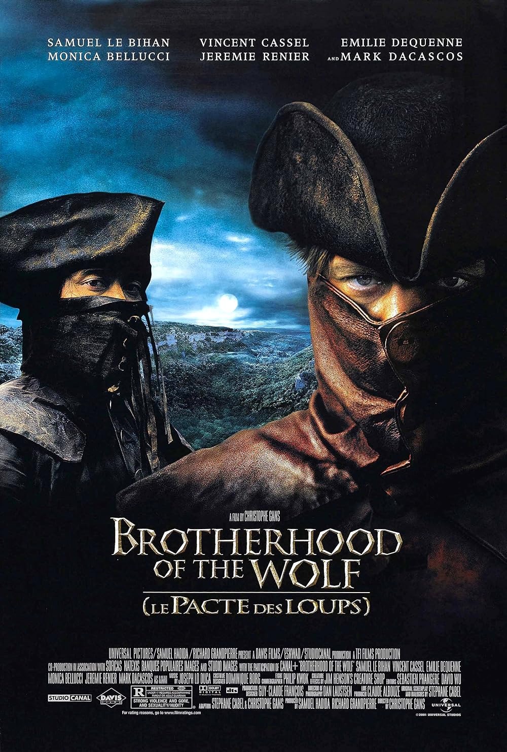 The movie poster for Brotherhood of the Wolf (2001) featuring the lead actors Mark Dacascos and Samuel Le Bihan dressed in tricorner hats and great coats against a stormy background.