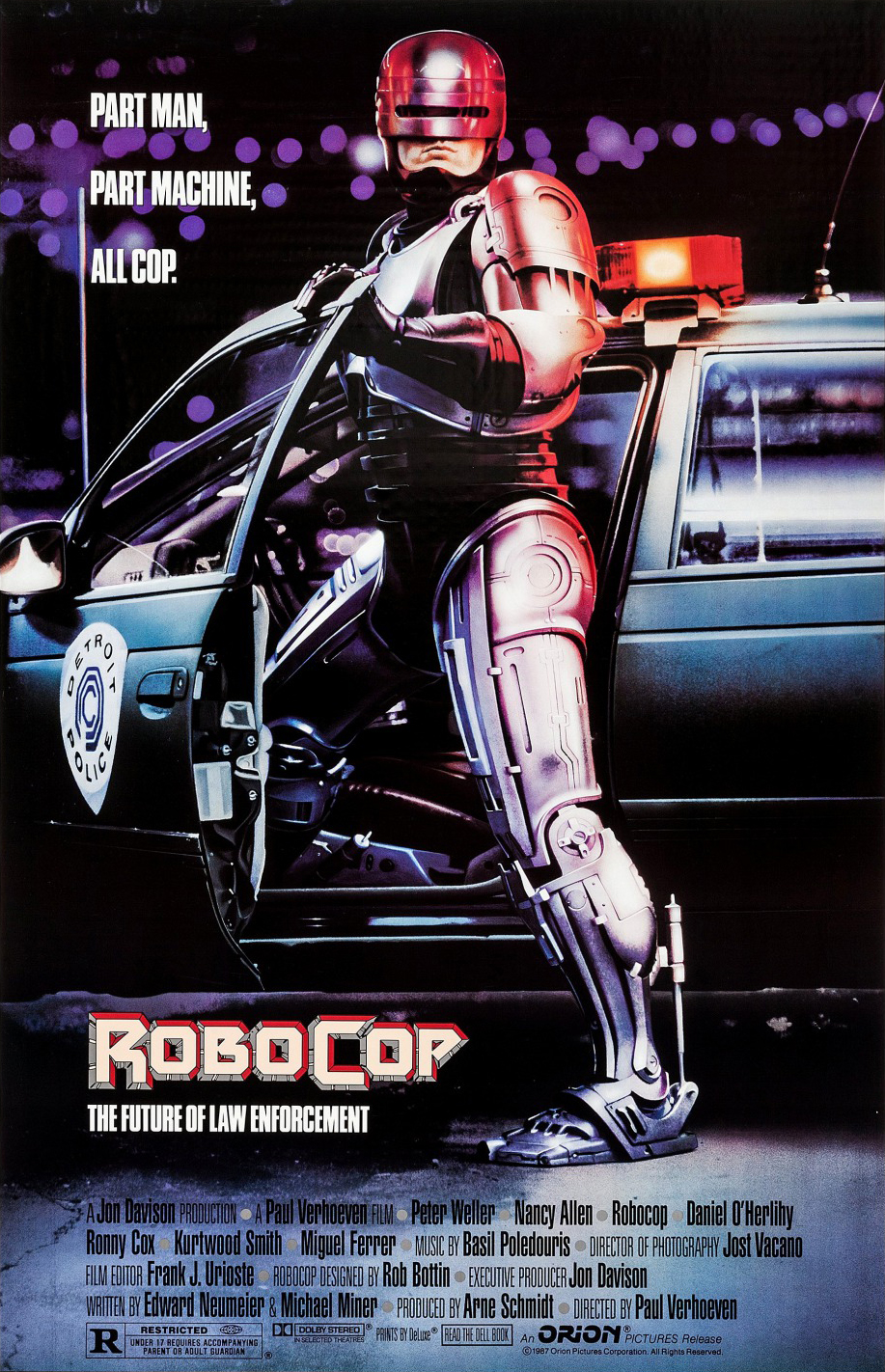 The movie poster for RoboCop (1987), featuring artwork of the titular cyborg police officer stepping out of his patrol car.