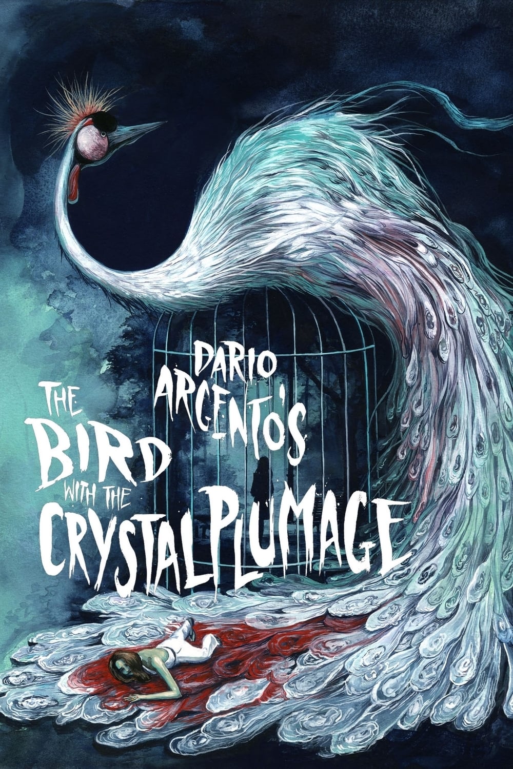 A painted poster for The Bird with the Crystal Plumage (1970) featuring abstracted imagery from the film.