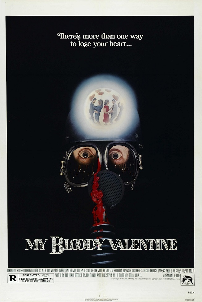 The theatrical poster for My Bloody Valentine (1981), featuring an image of a miner in a gas mask and helmet wielding a blood-stained knife while his headlamp illuminates a vision of dancing couples.